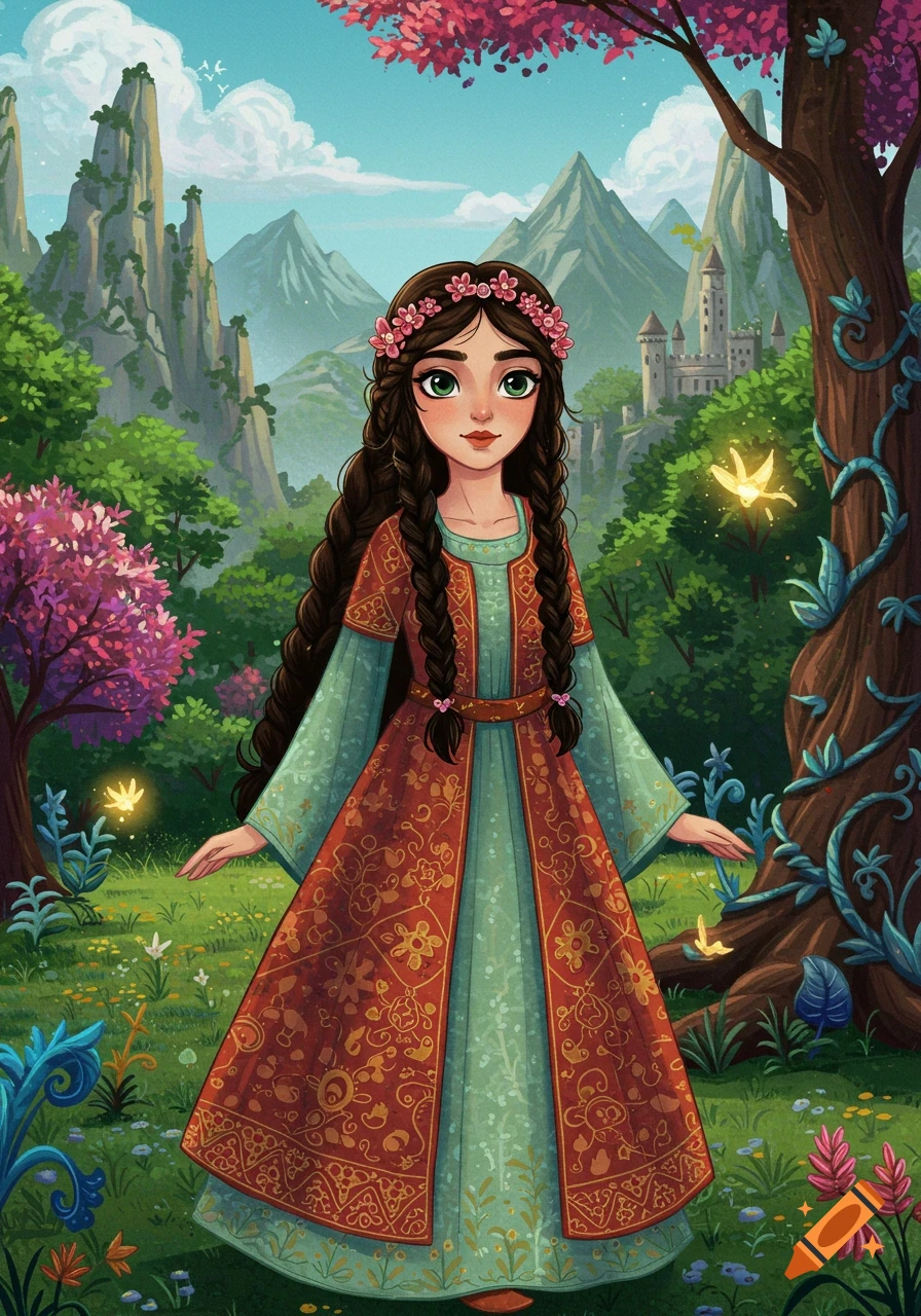 Illustration of a girl with braided hair and a flower crown in a fantasy forest with a castle and mountains in the background.