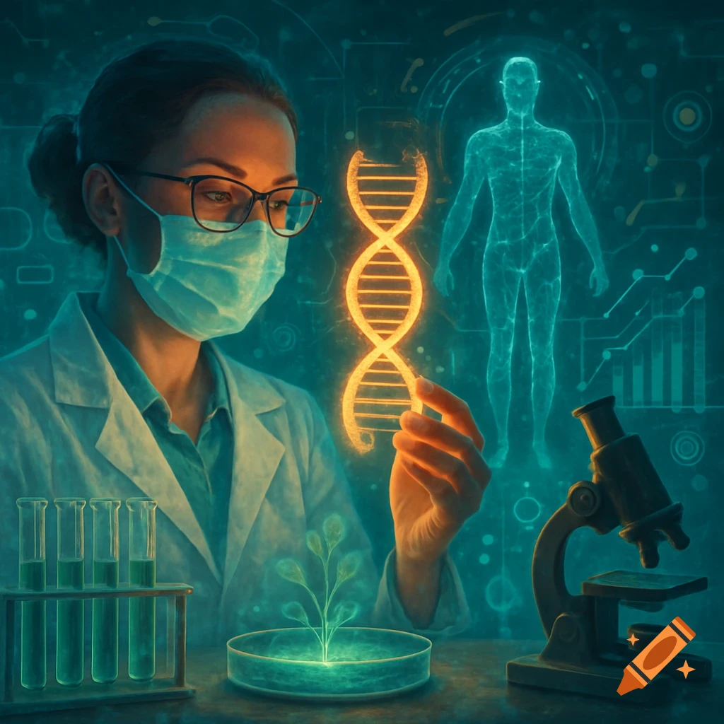 Scientist in a lab coat and mask holding a glowing DNA strand, with test tubes, microscope, and a human outline.