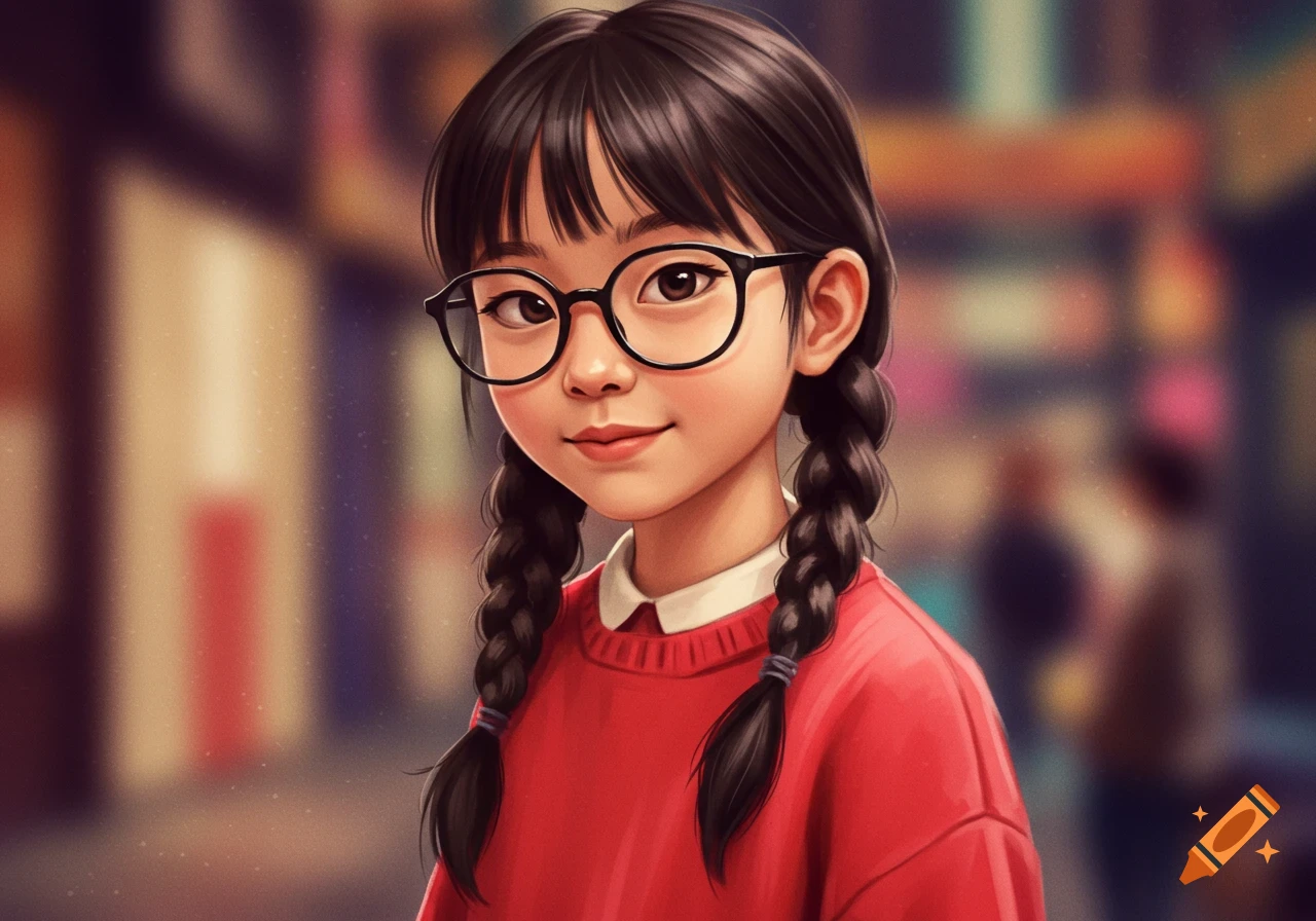 Stylized illustration of a girl with glasses and pigtails on Craiyon