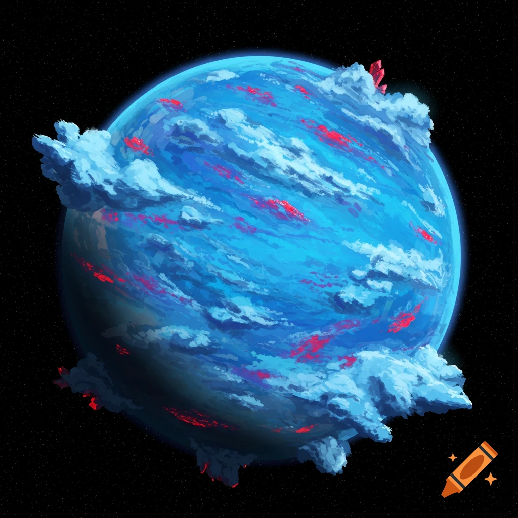 An artistic illustration of a blue planet in space covered in clouds and red shapes.