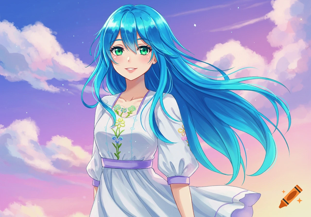 Anime girl with long blue hair and green eyes, wearing a white dress ...