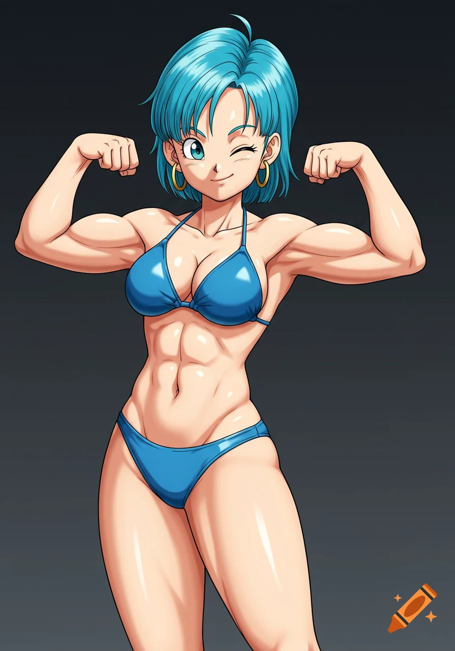 Muscular anime woman with blue hair in blue bikini flexing.