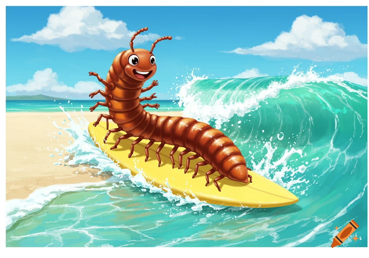 Cartoon millipede surfing a wave on a beach