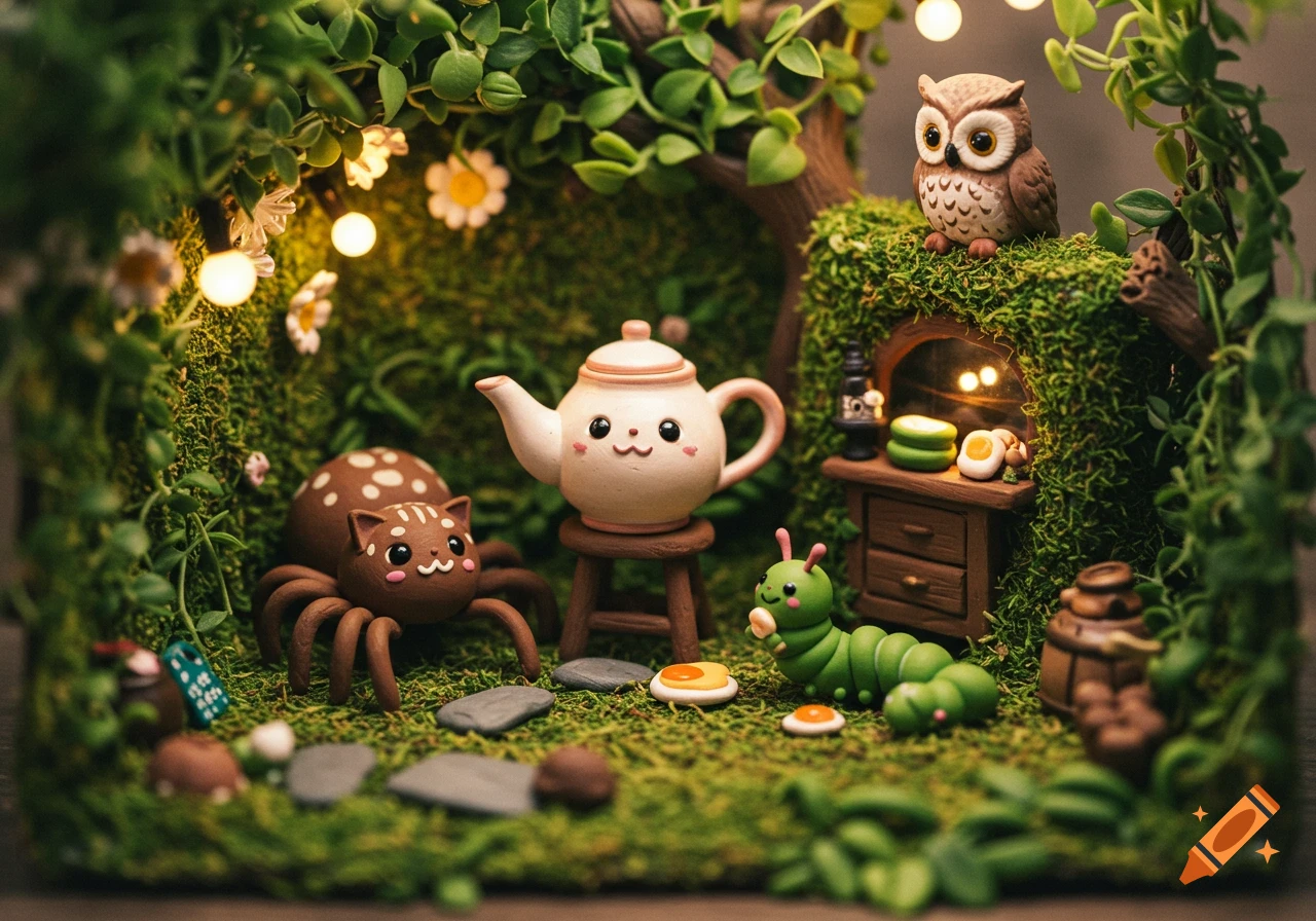Miniature clay diorama with a smiling teapot, spider, caterpillar, and owl in a mossy forest.