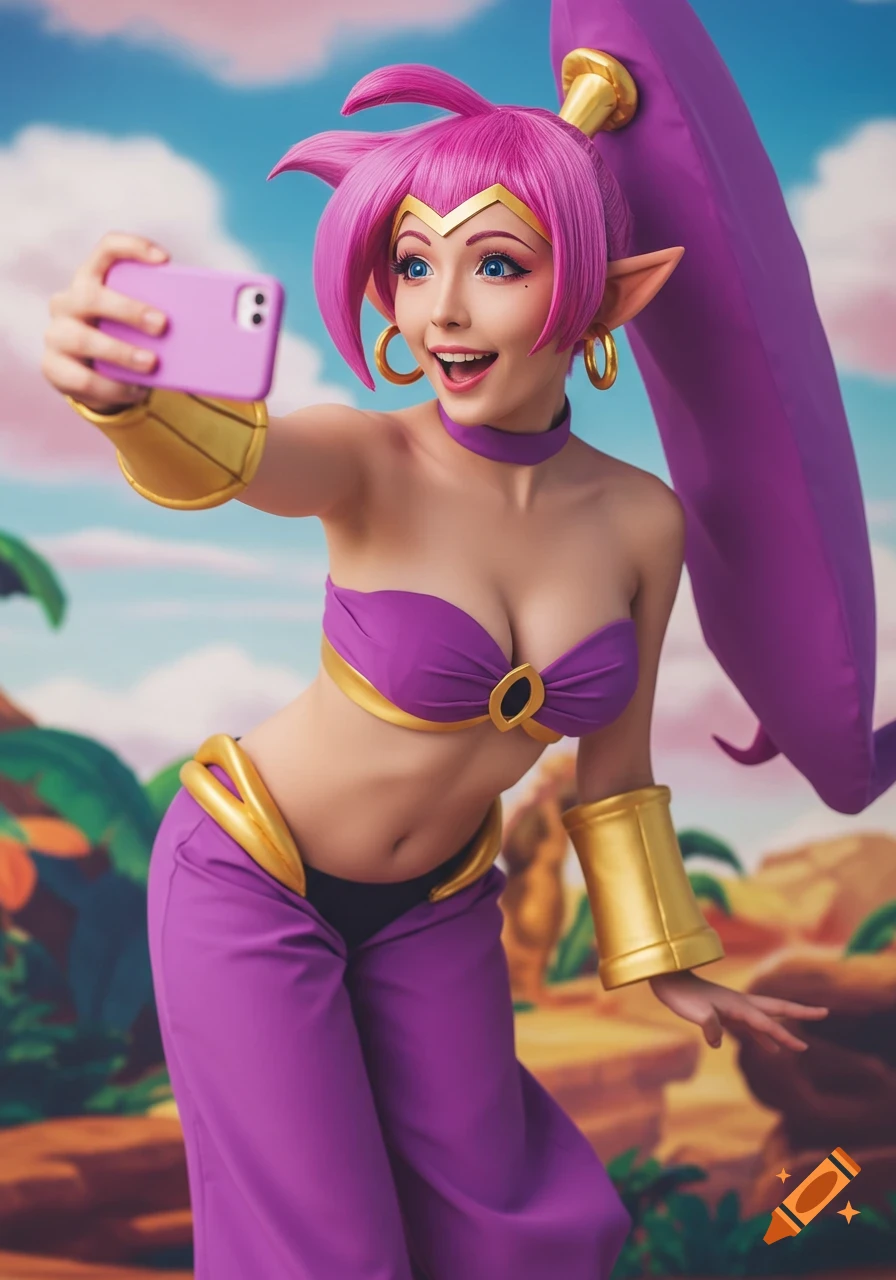 Woman in purple costume and pink hair takes a selfie against a colorful fantasy landscape.