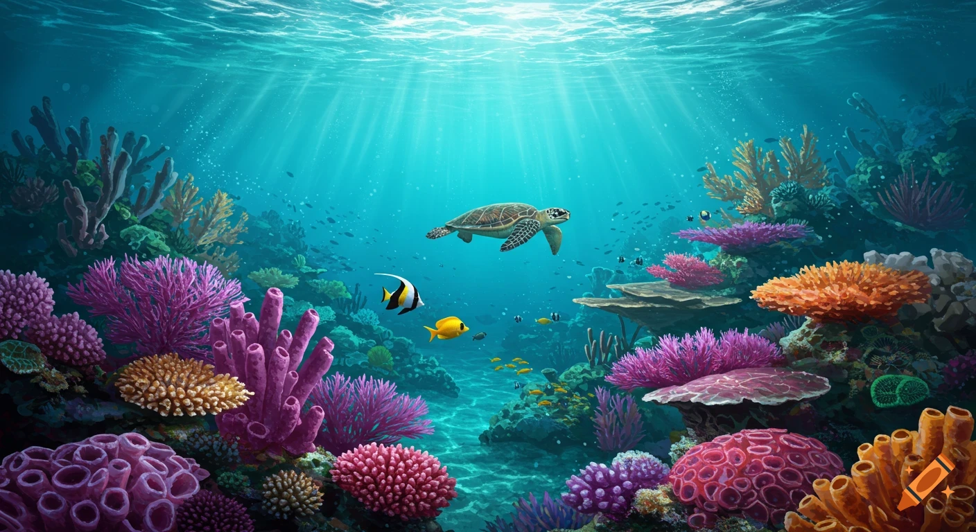 An underwater view of a coral reef with a sea turtle and fish swimming among colorful coral.