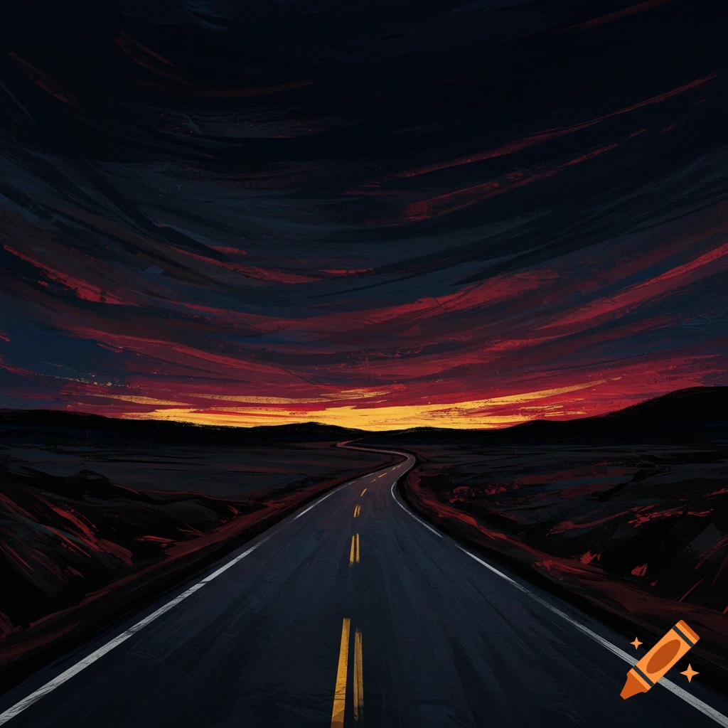 A dark road stretches into the distance towards a vibrant red and orange sunset over rolling hills, in an abstract expressionist painting style.