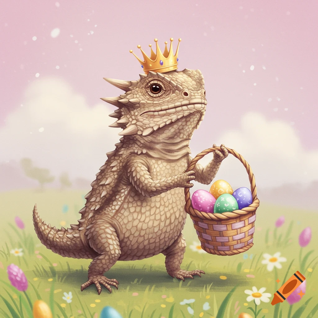 A horned lizard wearing a golden crown holds an Easter basket filled ...