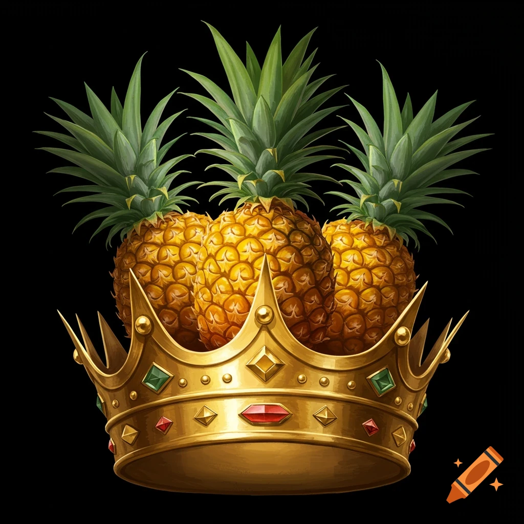 Three pineapples sit in a golden crown against a black background.