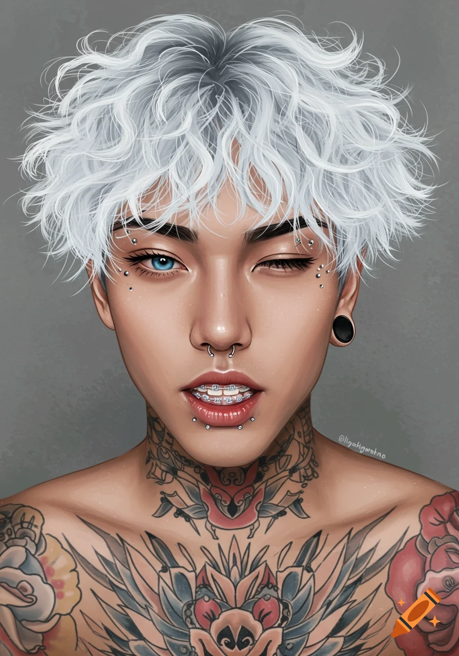 Digital painting of a young person with white hair, one blue eye winking, facial piercings, braces, and extensive tattoos.