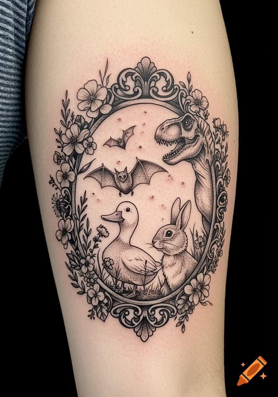 Black and grey tattoo on forearm: duck, bunny, T-Rex, bats in oval floral frame.