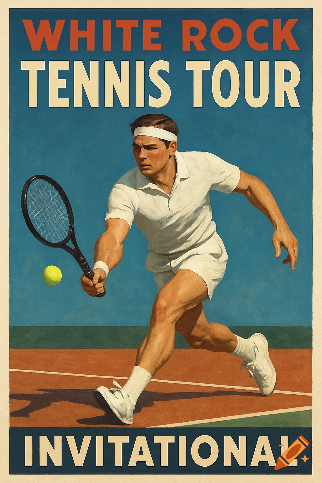 Vintage tennis poster showing a man hitting a ball during the White Rock Tennis Tour Invitational.