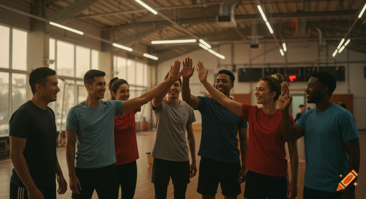 A diverse group of athletes high-fiving in a gym.