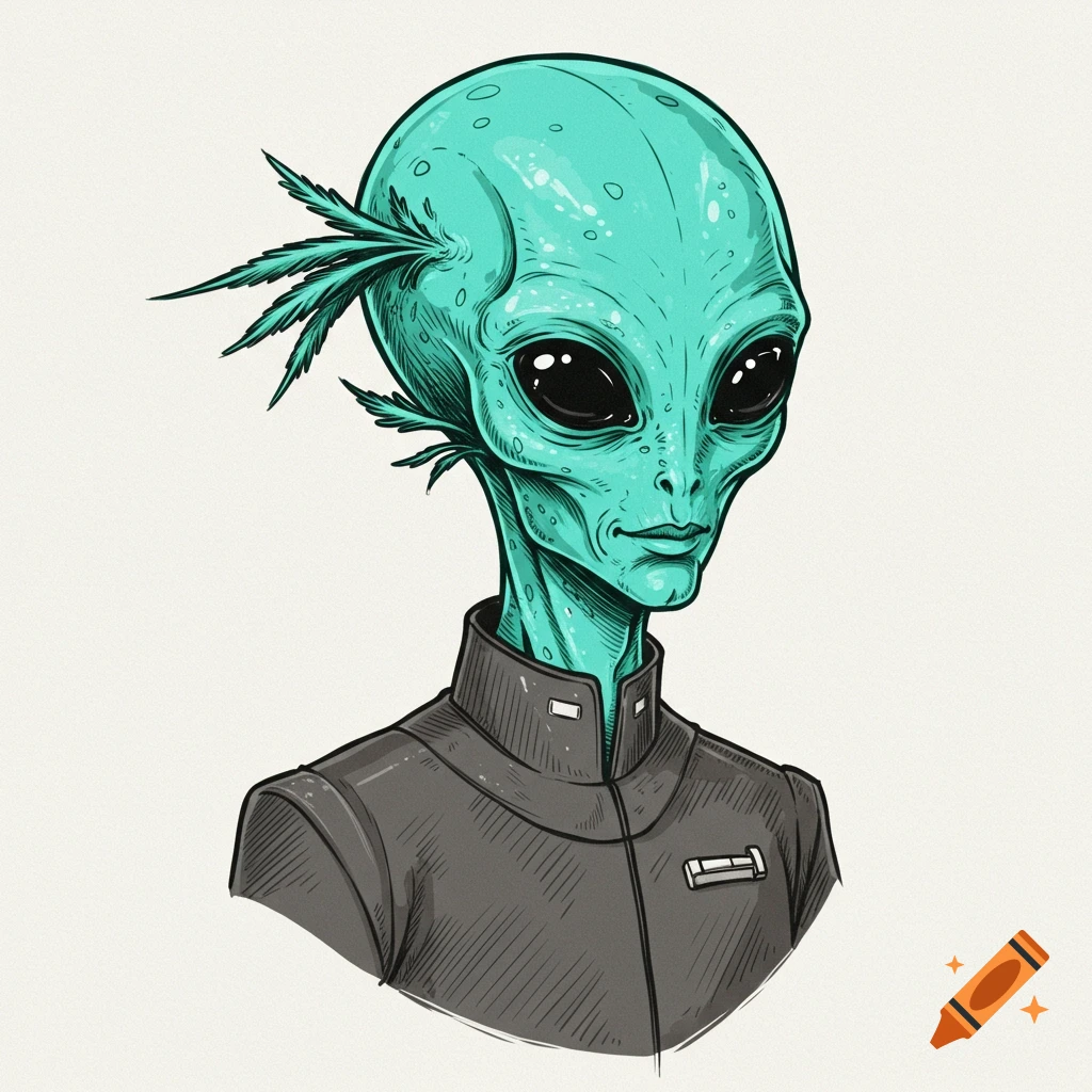Illustration of a teal-skinned alien in a dark suit
