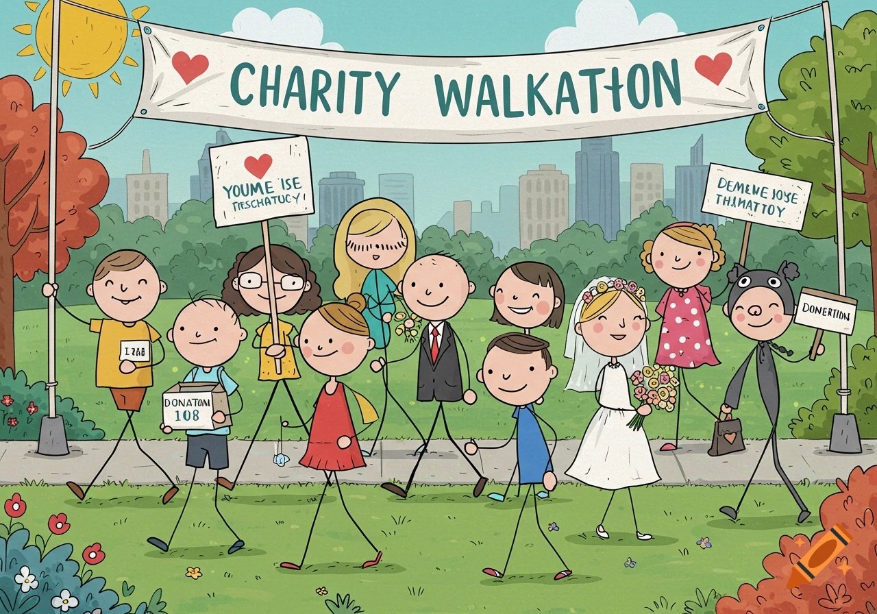 Cartoon people with stick legs walk in a charity event under a banner.