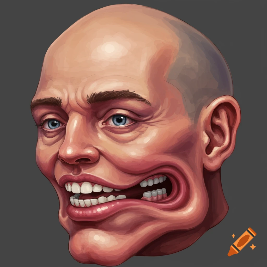 A bald man's face with a grotesquely distorted, stretched lower jaw ...