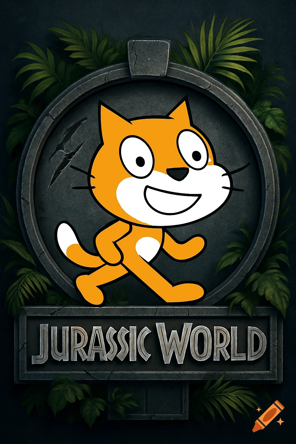 Scratch Cat running in front of a Jurassic World logo and frame with jungle leaves.