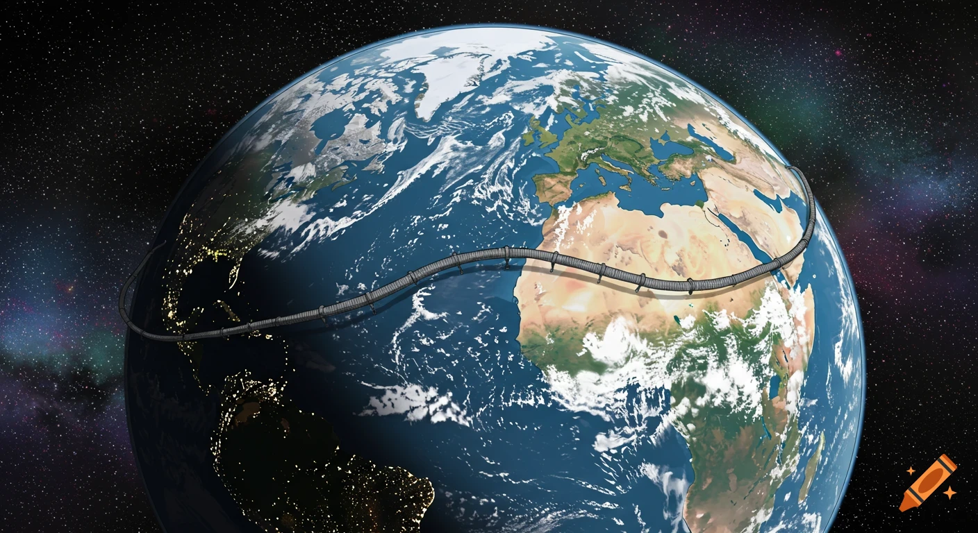 Illustration of Earth from space with a large tube wrapping around it