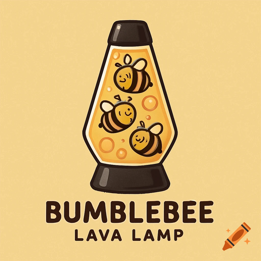 Cartoon logo of a lava lamp with cute bumblebees floating inside, with the text BUMBLEBEE LAVA LAMP