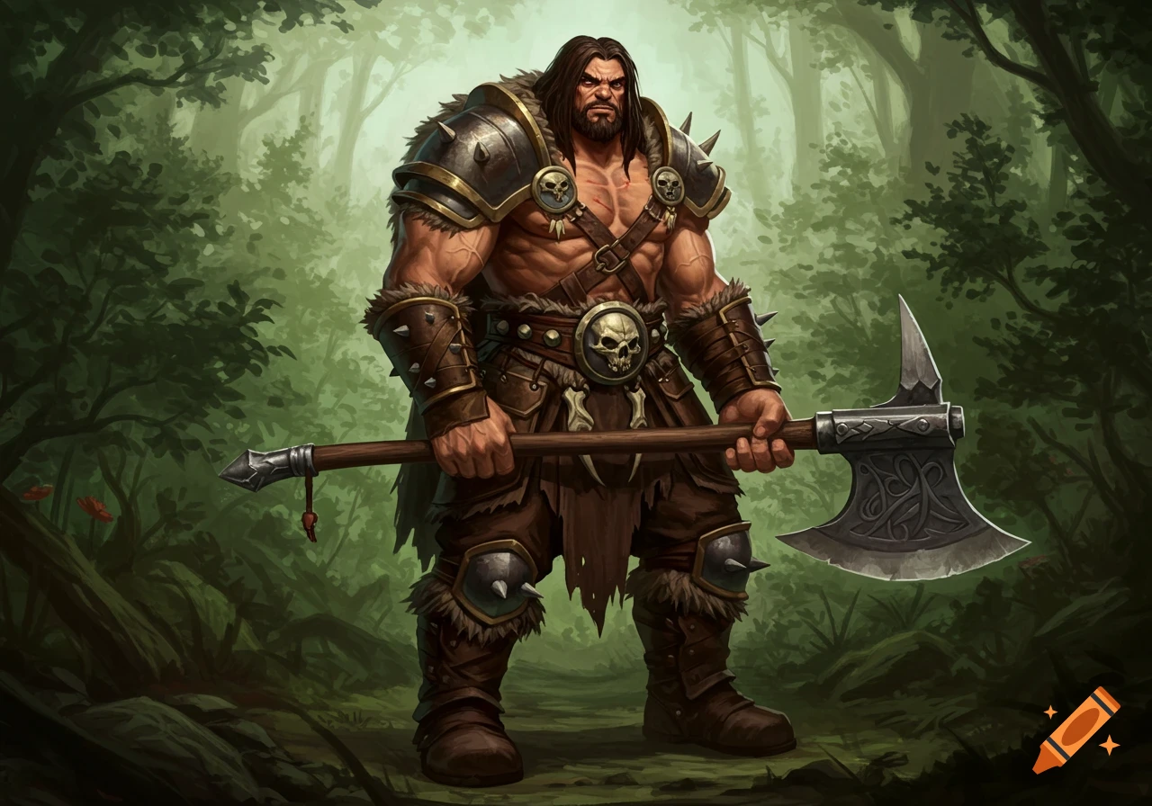A muscular Goliath warrior in fantasy armor holds a large axe in a forest.