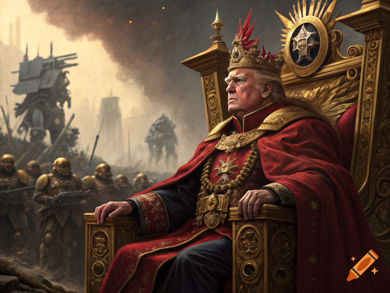 Donald Trump as a fantasy emperor on a throne with soldiers and war machines in the background