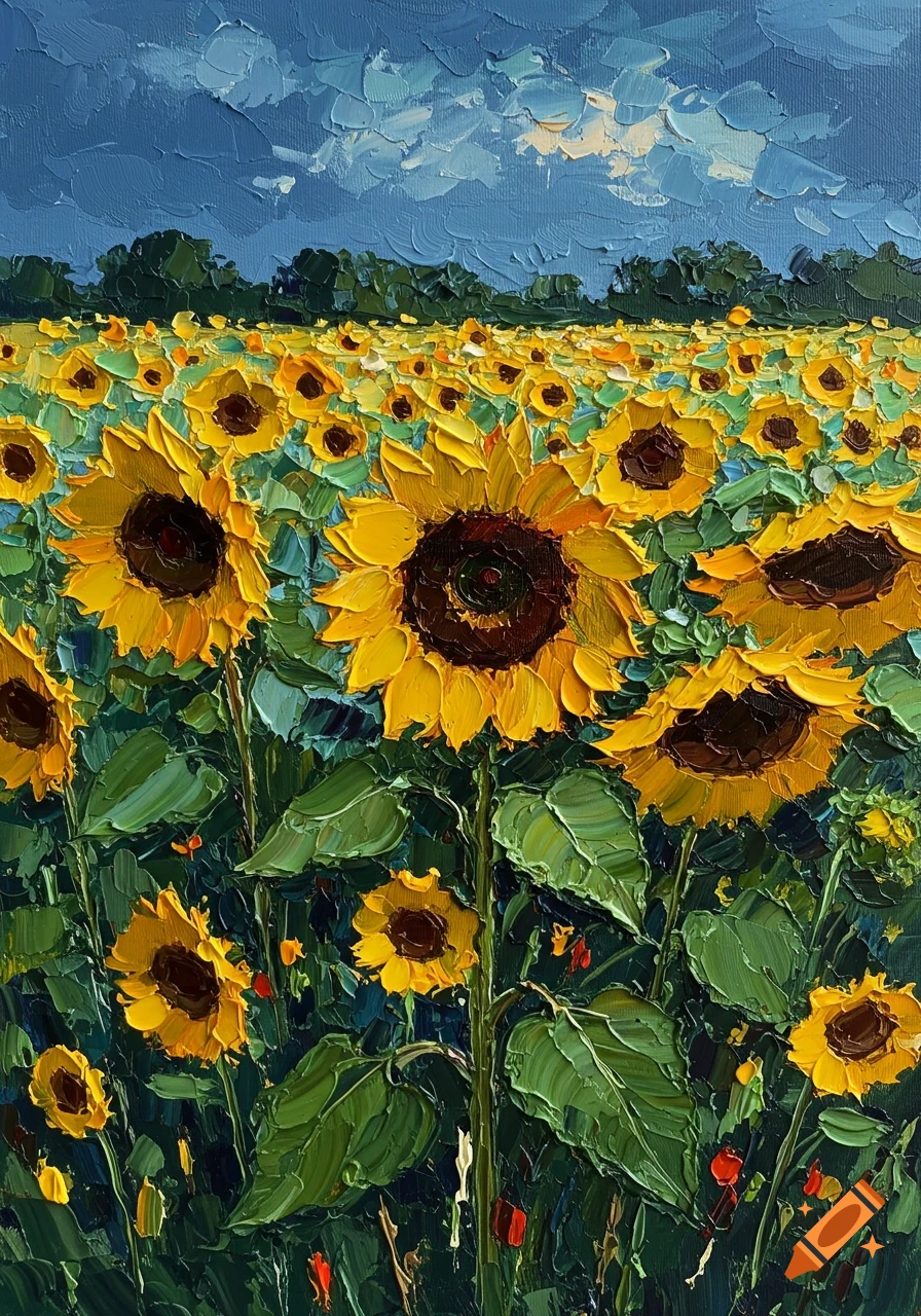 Impasto painting of a field of sunflowers under a cloudy sky