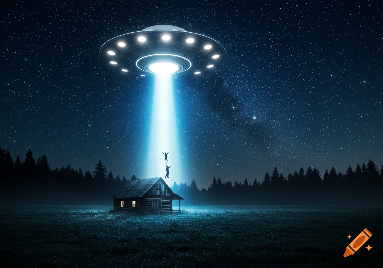 UFO beams up two people from a cabin in a field at night under a starry sky.