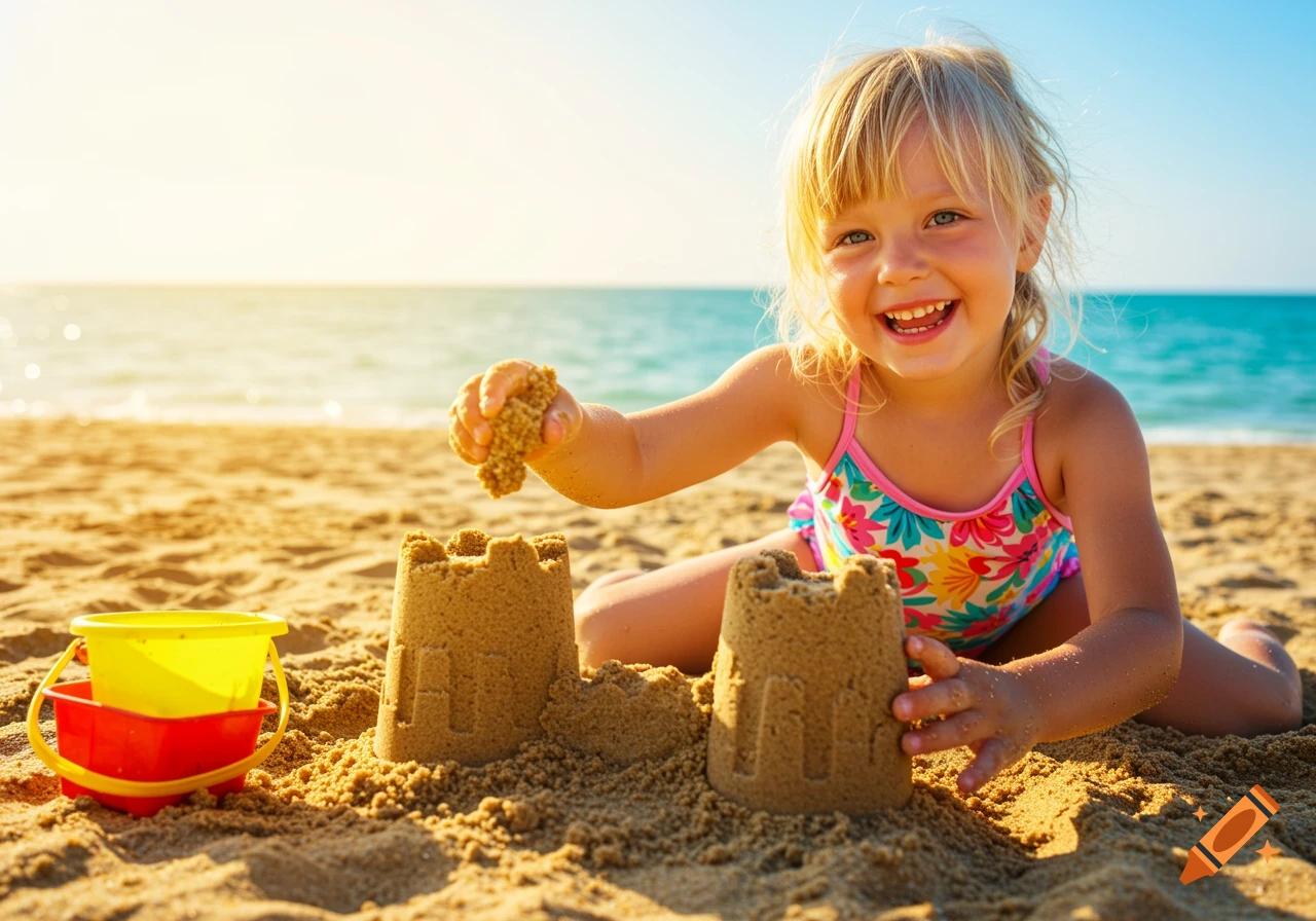 Young girl plays with sandcastles on a sunny beach with a bucket.