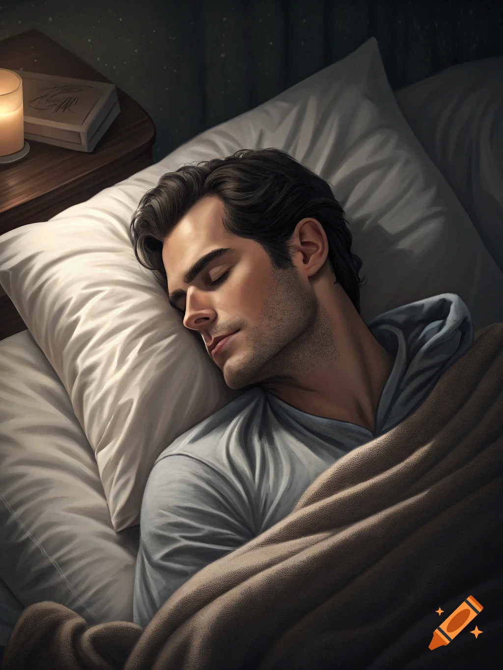A man sleeps peacefully in a bed at night, illuminated by a candle.