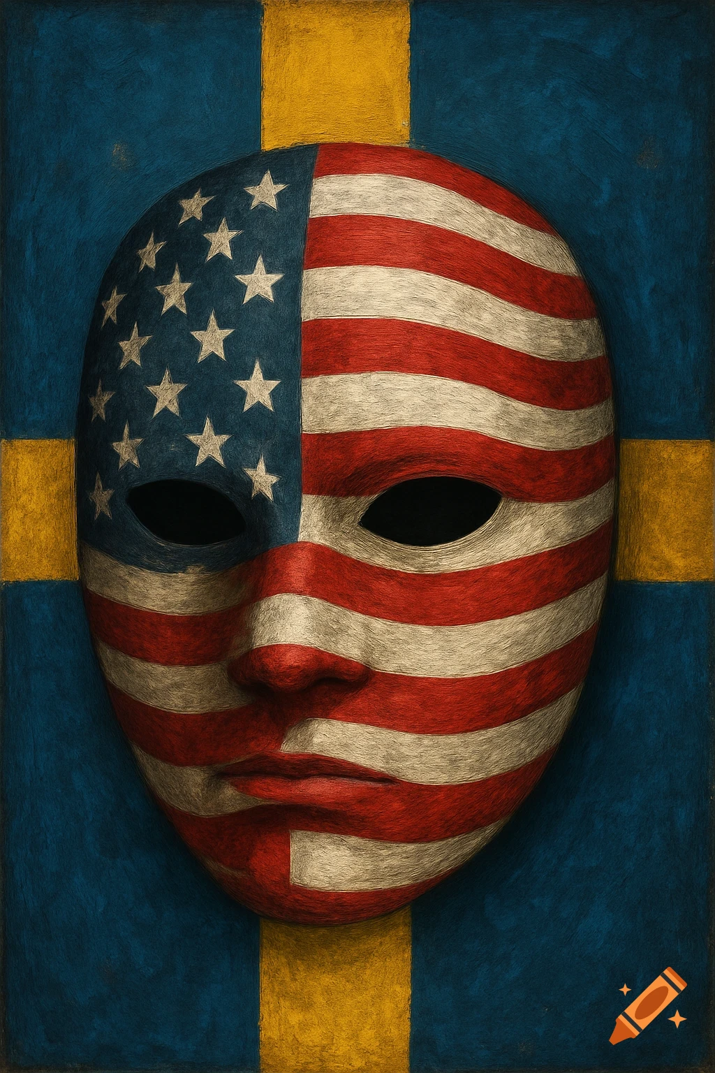 Mask with US flag pattern in front of a Swedish flag background, textured style