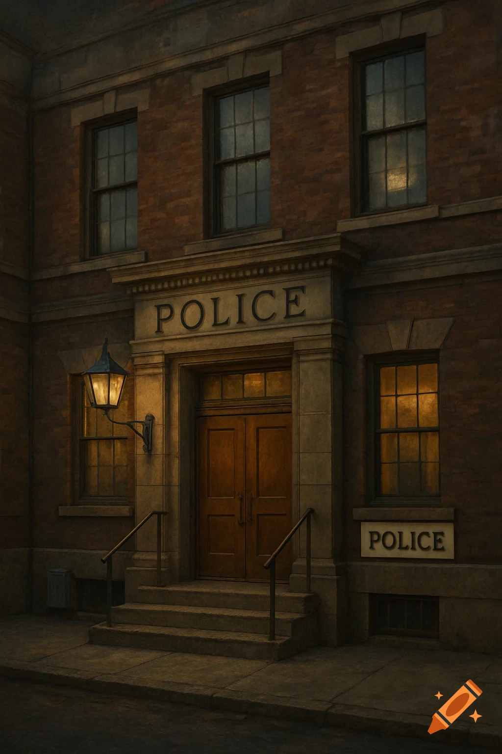 Exterior view of a stone and brick police station entrance at dusk.