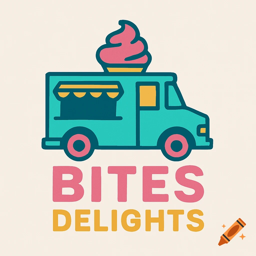 Logo of a teal food truck with an ice cream cone on top, featuring the text 'Bites Delights'.