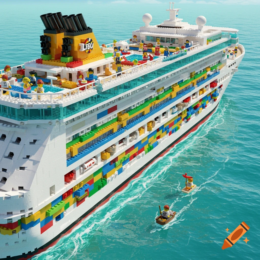 A large, colorful LEGO cruise ship sailing on the ocean, with minifigures on deck and a small boat nearby.