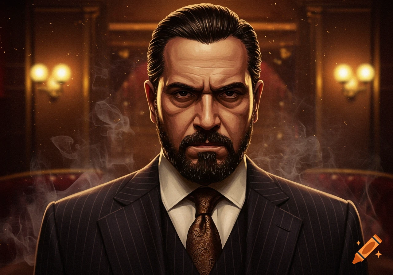 Cinematic portrait of a serious man in a pinstripe suit and tie