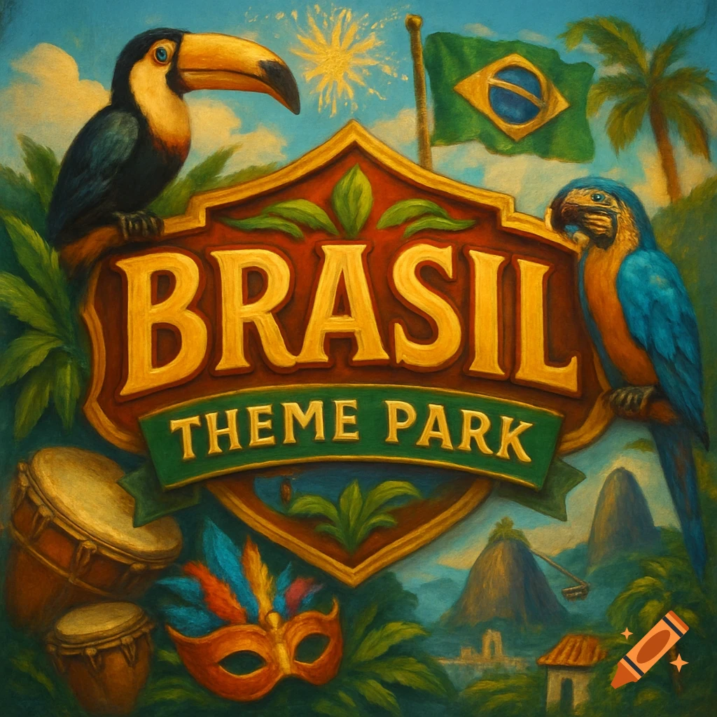 Painted logo for Brasil Theme Park with toucan, macaw, drums, mask, flag, and Sugarloaf mountain.