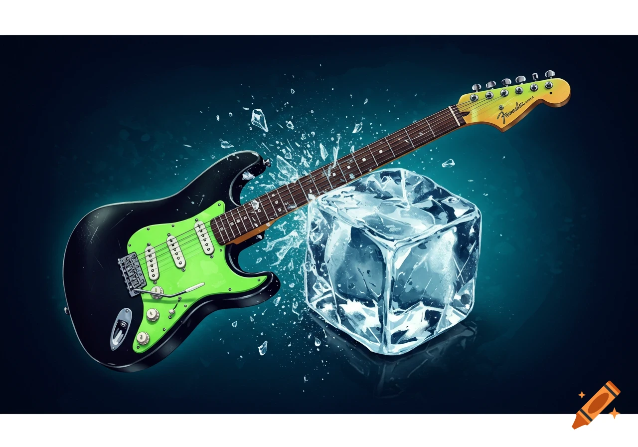 Illustrative image of a black electric guitar with a green pickguard breaking a large ice cube.
