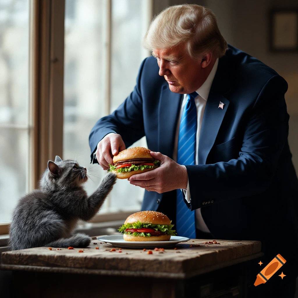 Donald Trump holds a burger towards a curious gray cat, with another burger on a plate nearby.
