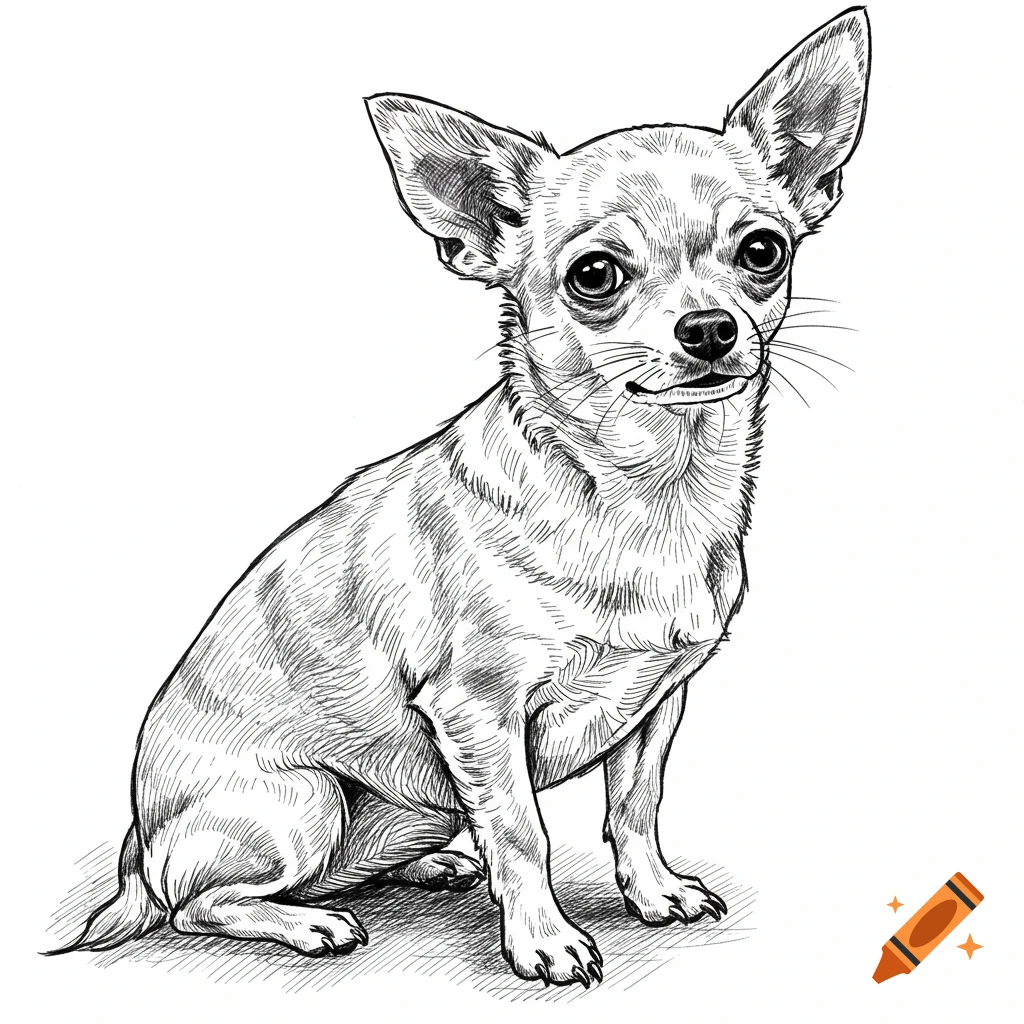Black and white pen sketch of a sitting Chihuahua dog.