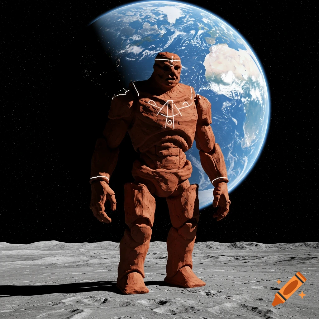 A clay golem stands on the moon with Earth filling the background.