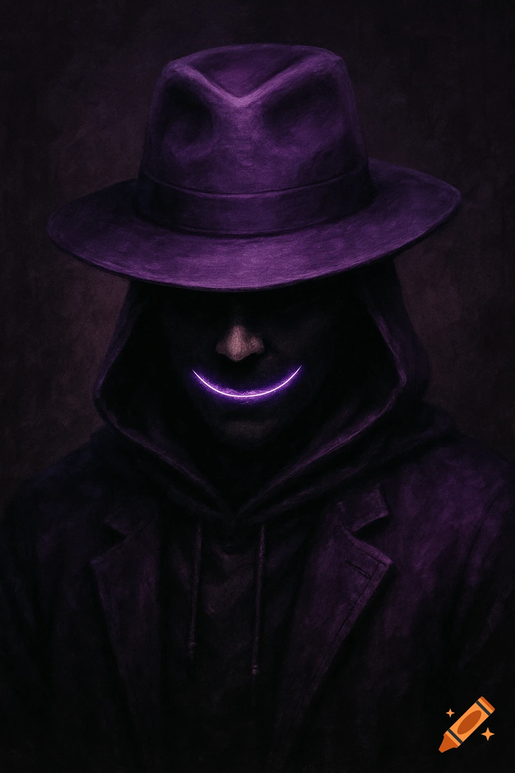 A dark portrait of a person in a hooded jacket and fedora with a glowing purple smile.