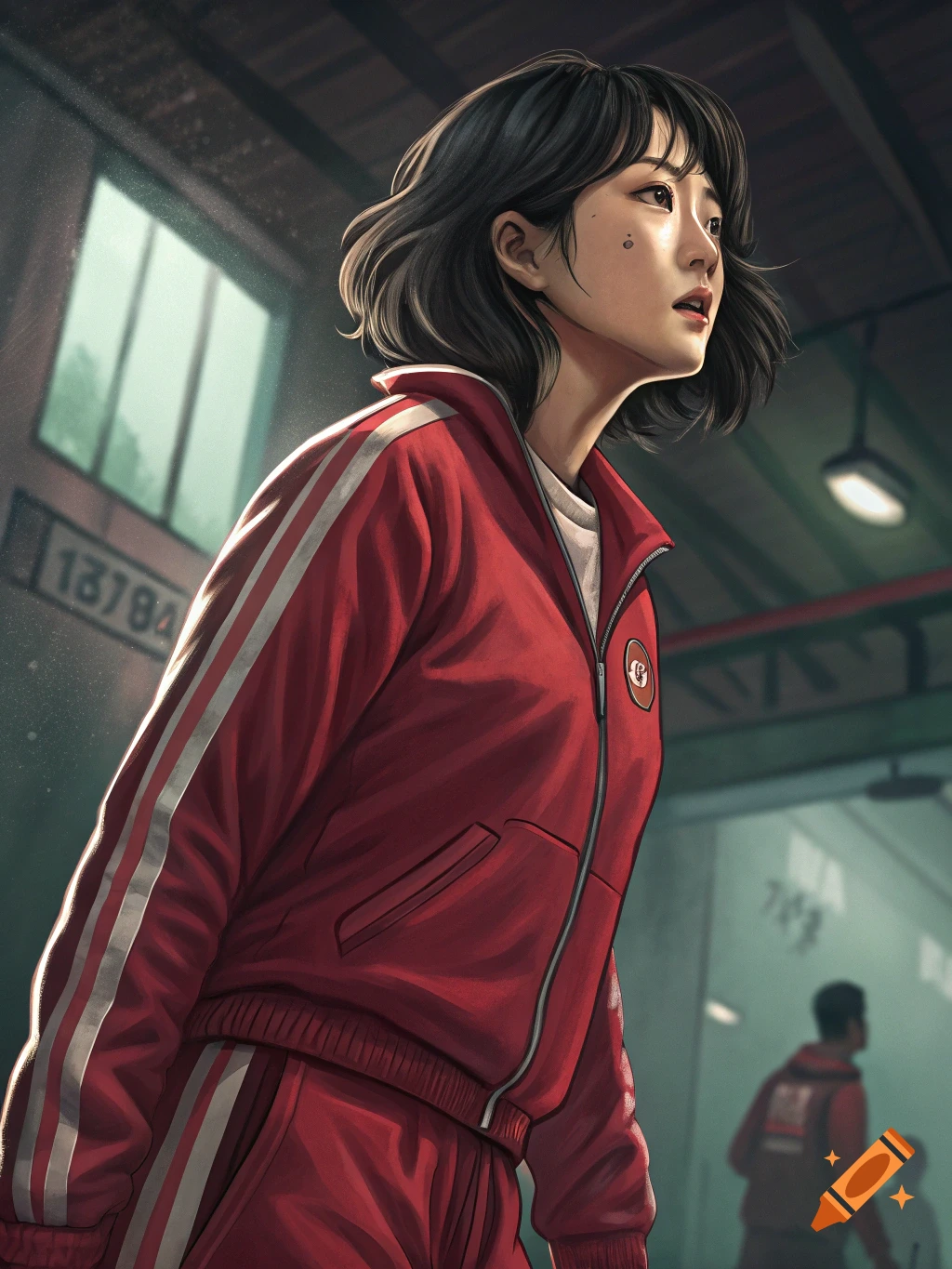 Young woman in red tracksuit looks up in a warehouse setting, illustrative style.