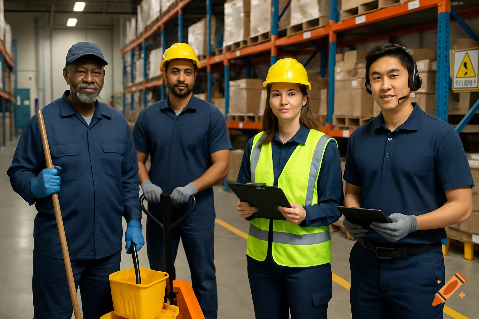Diverse group of workers in a warehouse, including a janitor, material handler, safety coordinator, and logistics coordinator.