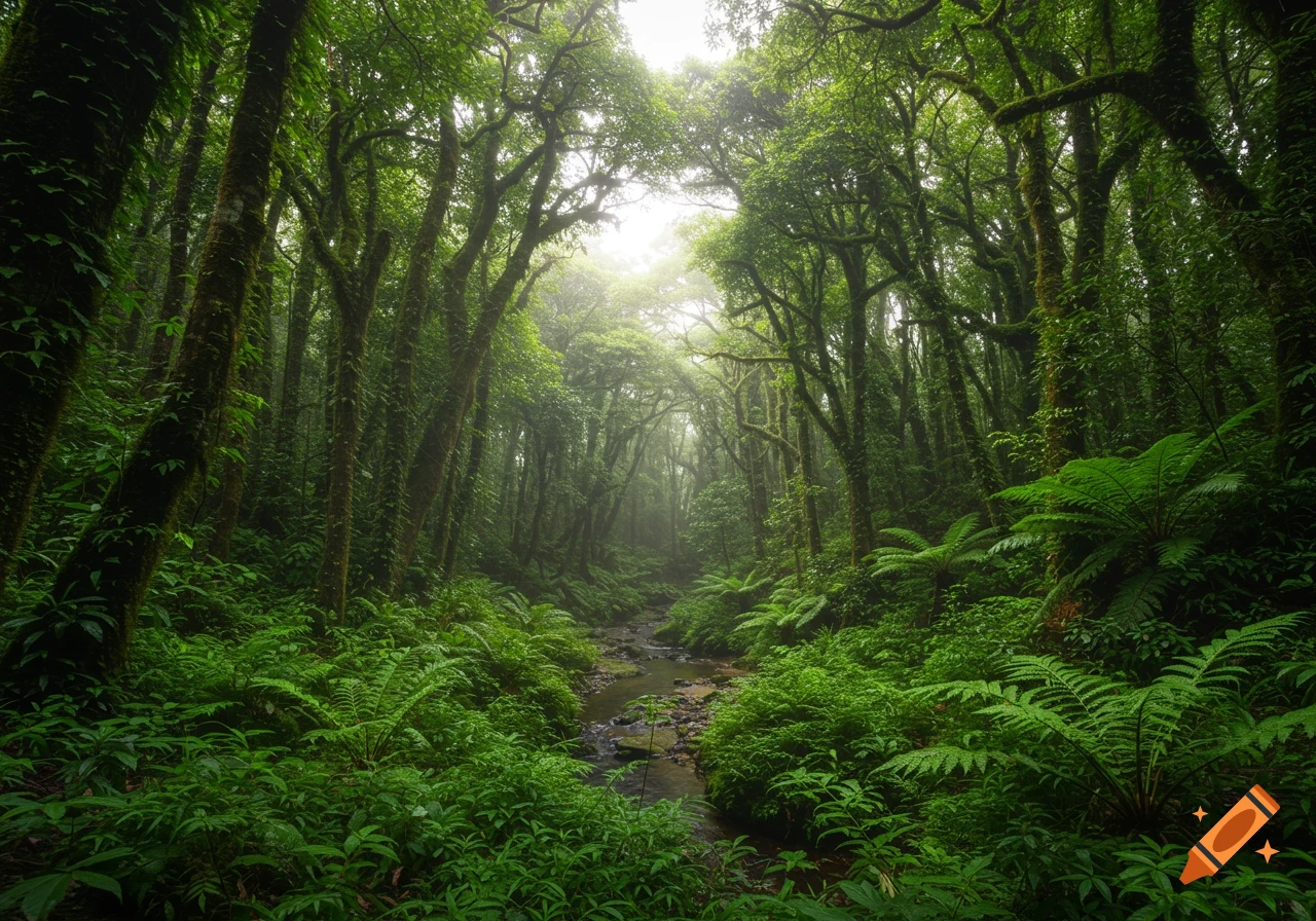 Photorealistic image of a lush green rainforest with a stream flowing through