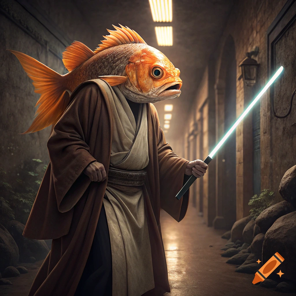 A humanoid figure with a goldfish head wears a brown robe and holds a lightsaber in a corridor.