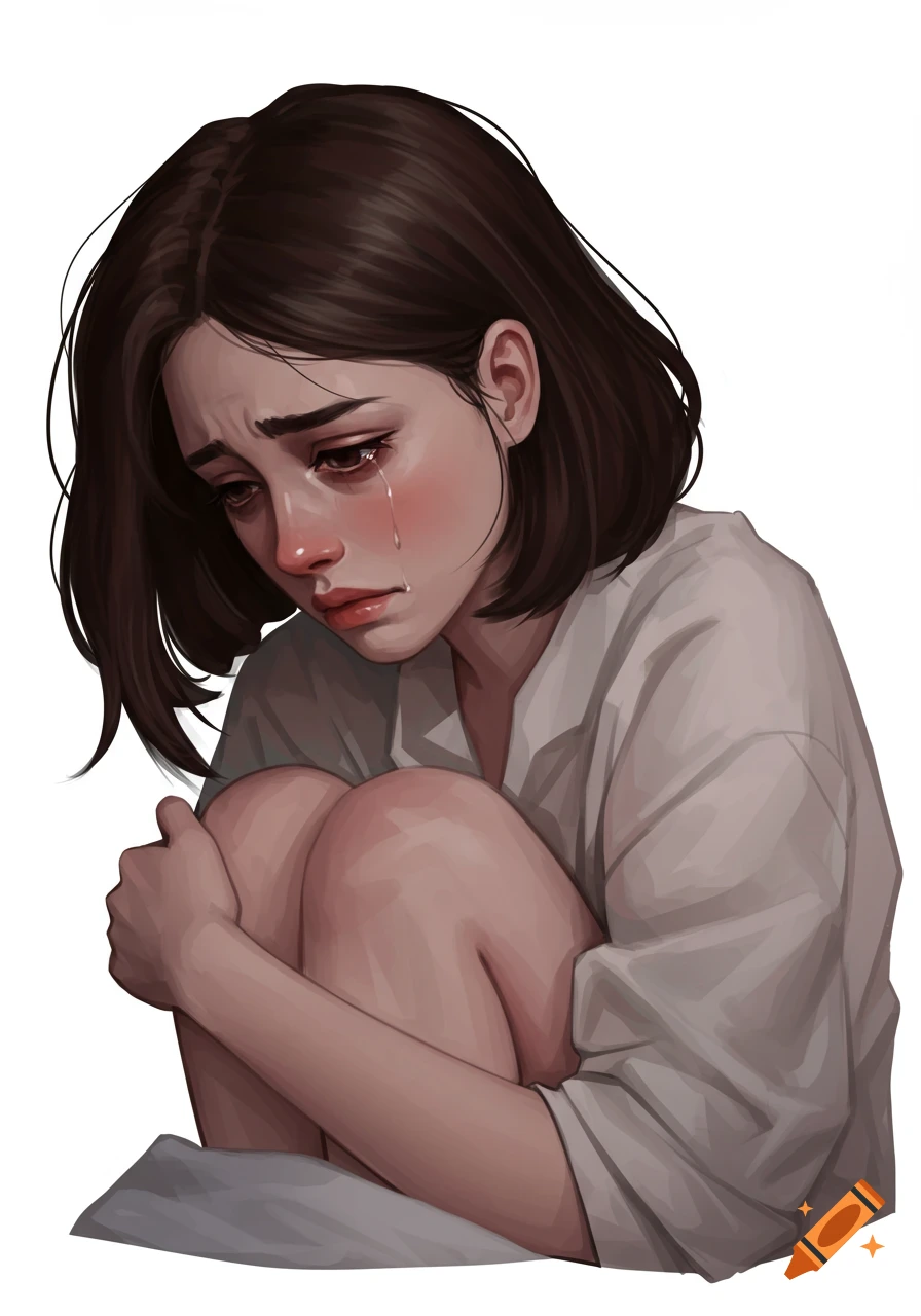 A sad woman is crying while hugging her knees.