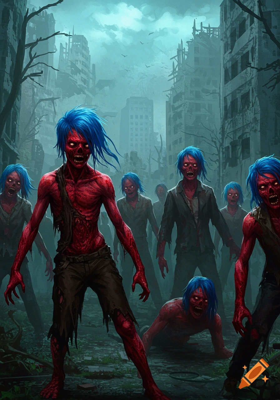 Zombies with blue hair and red faces walk through a ruined city.