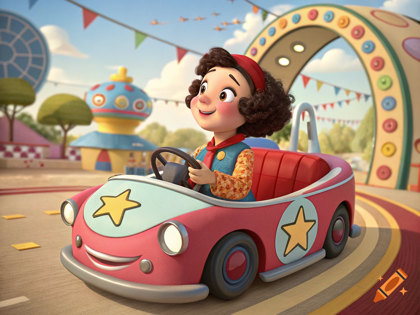 A cartoon girl drives a small pink car at an amusement park.
