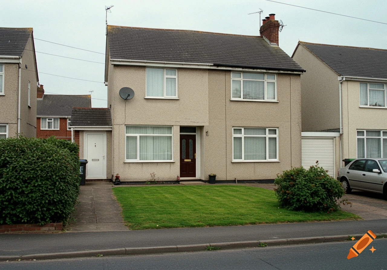 Two semi-detached houses in the UK, view from the street, photorealistic style.