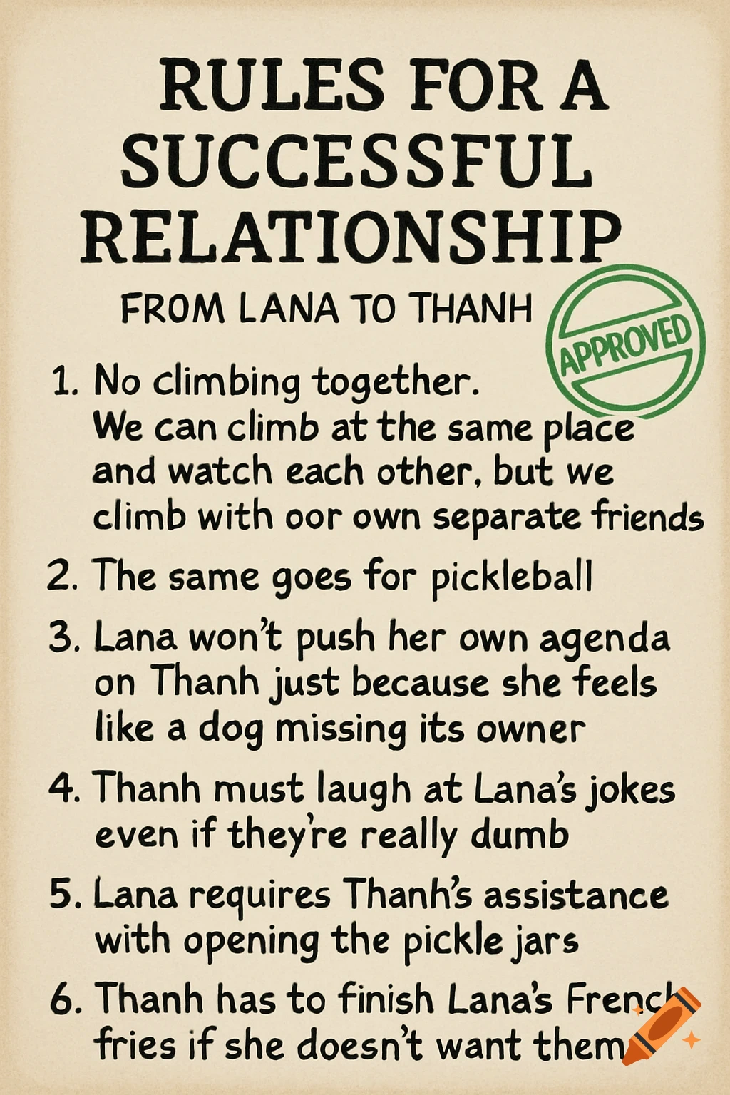 A list of 6 rules for a successful relationship from Lana to Thanh, with an 'Approved' stamp.