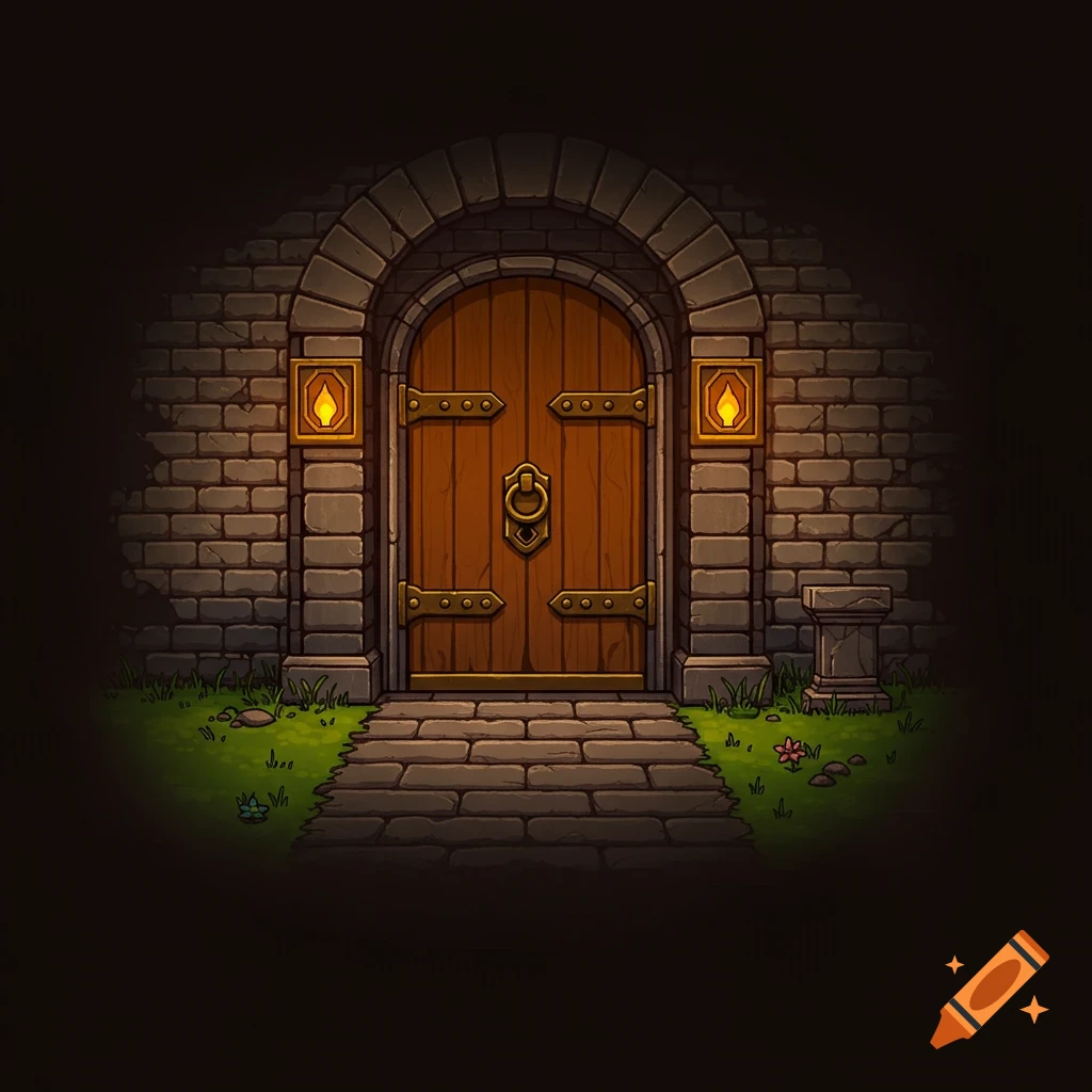 Cartoon style dungeon door with stone arch, lanterns, and path